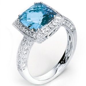 Designer SIMON G ~ .88 TCW Diamond and 8MM Aquamarine Ring in 18K White Gold